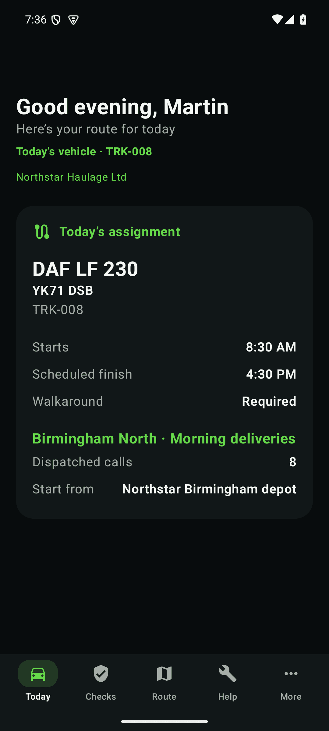DriveStable Driver assignment view using Northstar Haulage reference data