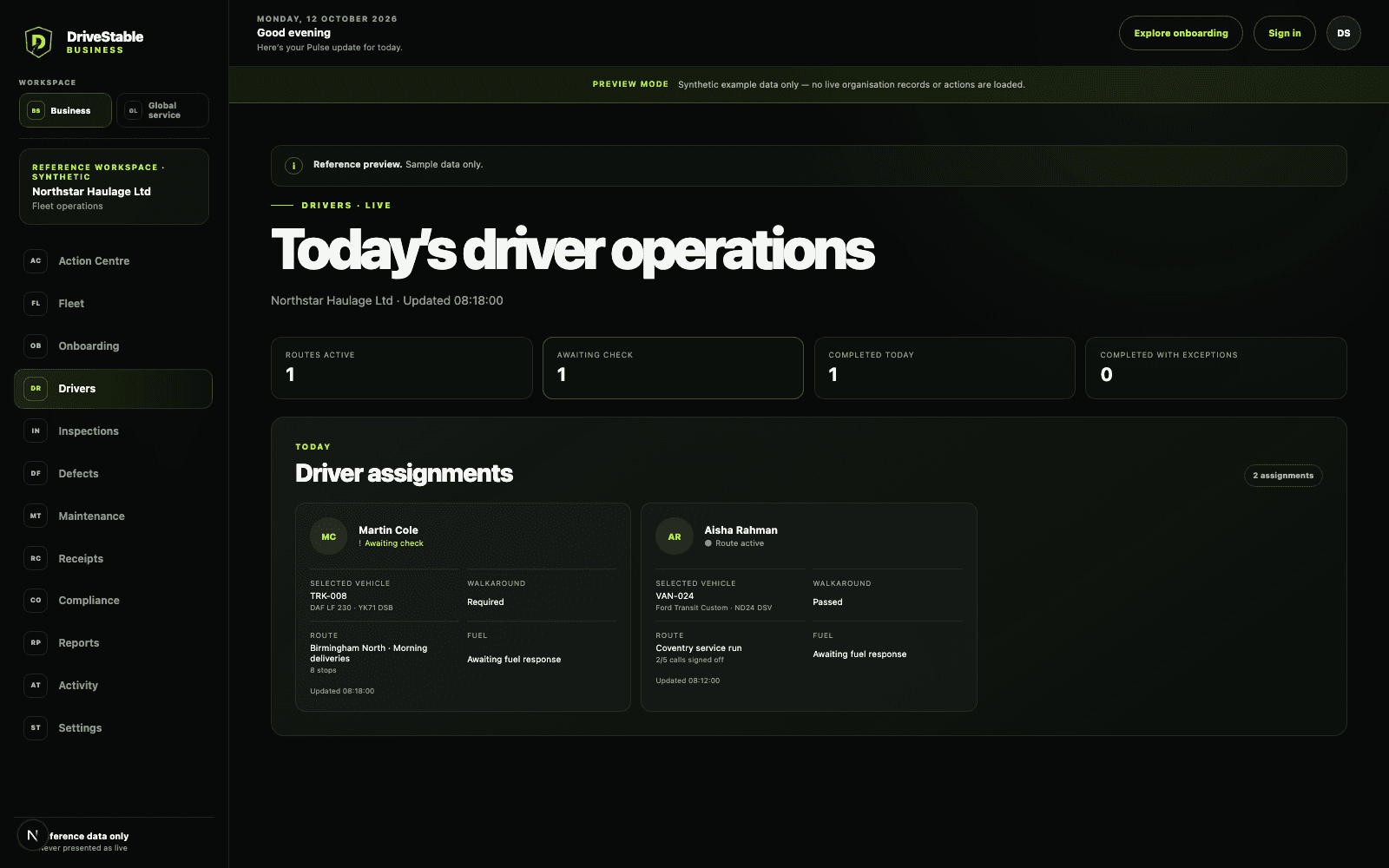 DriveStable Fleet operations view using Northstar Haulage reference data
