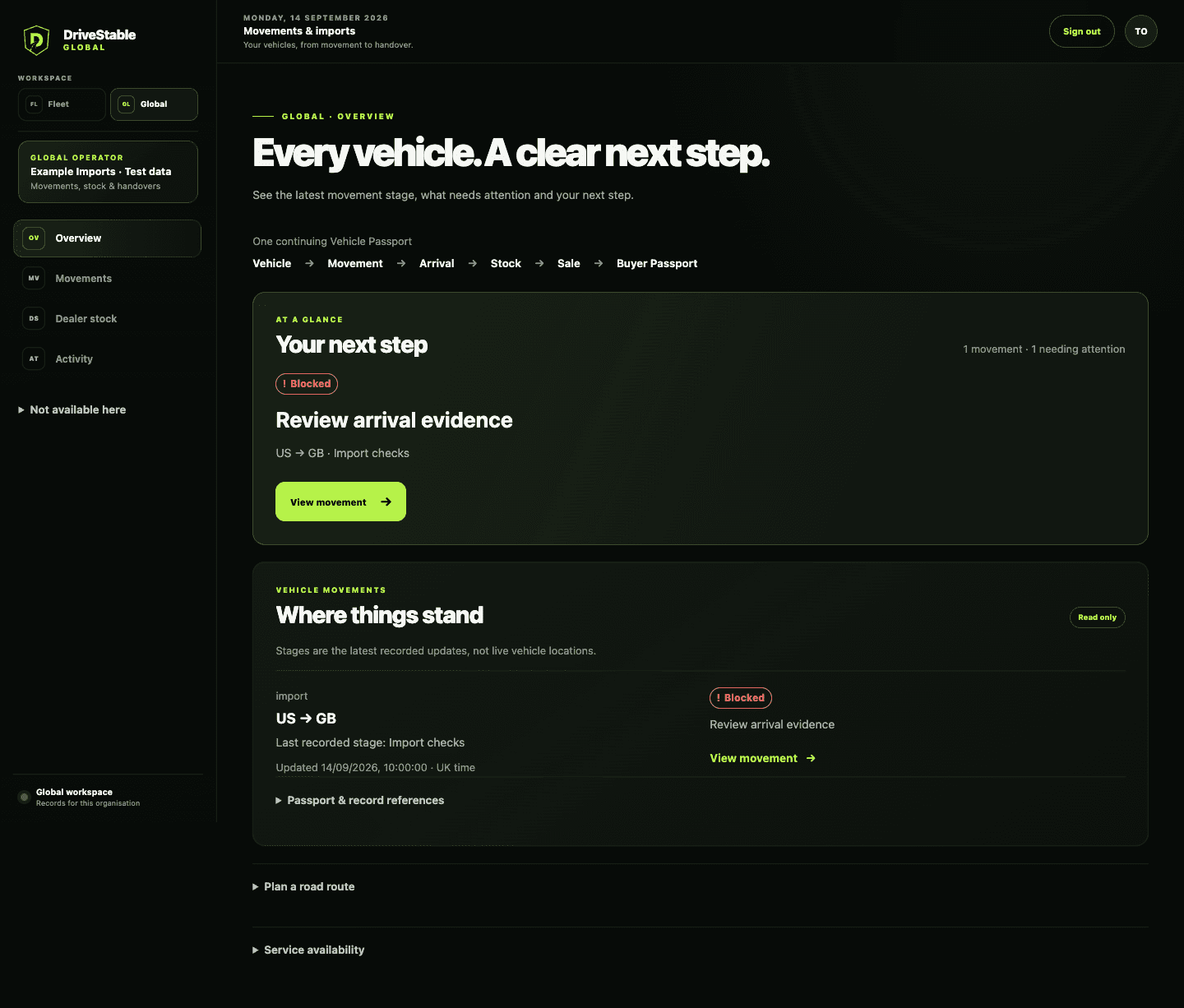 DriveStable Global operator overview showing a synthetic United States to United Kingdom vehicle movement, its latest recorded stage and next action