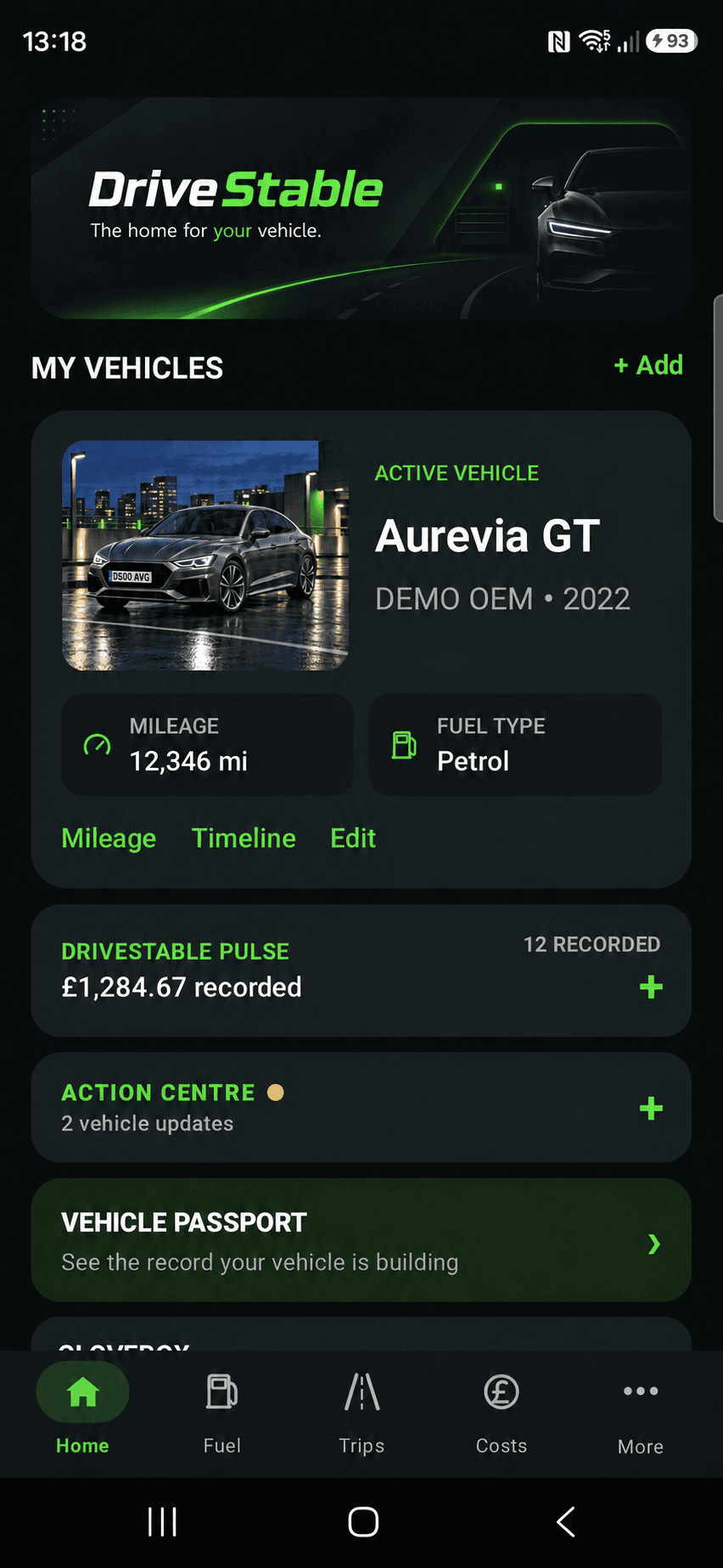 DriveStable Personal home screen showing the Aurevia GT, ownership details and Vehicle Passport