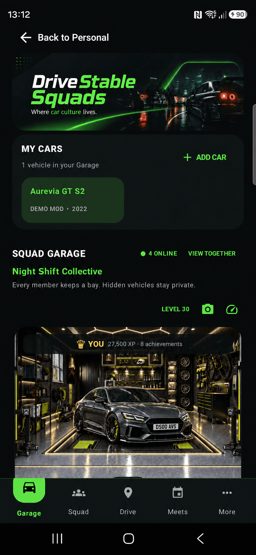 Updated DriveStable Squads Garage showing the synthetic Aurevia GT build and Night Shift Collective
