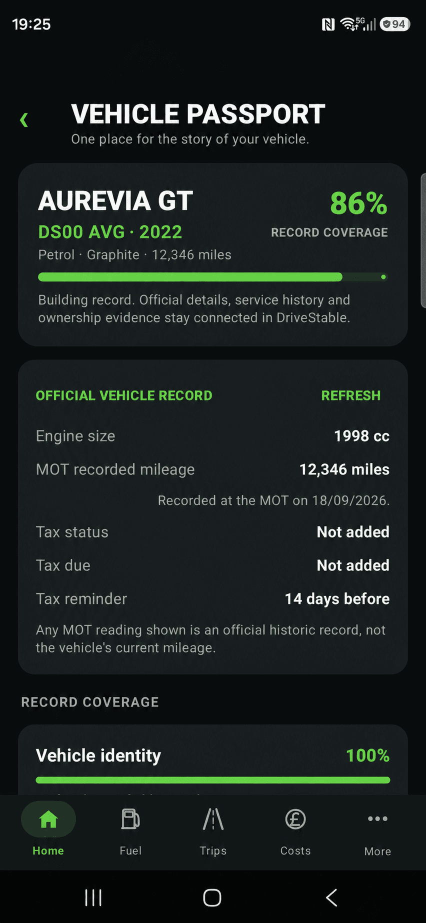 Filled DriveStable Vehicle Passport for the synthetic Aurevia GT demo vehicle