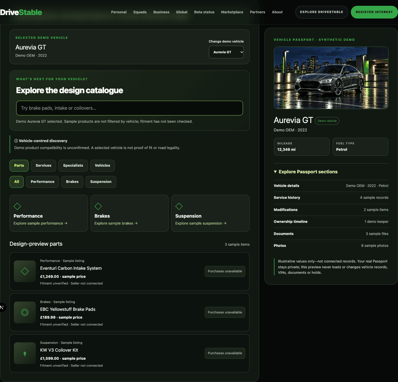 Populated DriveStable Marketplace desktop storefront with the Aurevia GT Vehicle Passport and synthetic parts listings