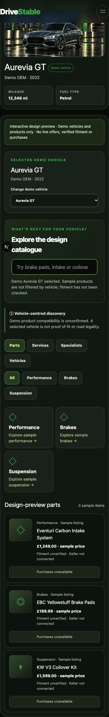 Populated DriveStable Marketplace phone view with the Aurevia GT Vehicle Passport and synthetic listings